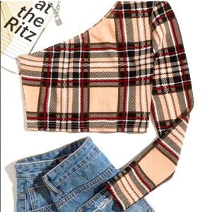 💐SHEIN Crop Top One Shoulder Plaid Women's L XL